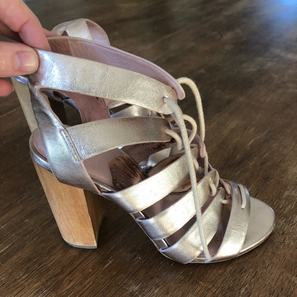 Charlotte Stone Metallic leather block wood heels